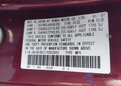 2007 Honda Cr-V Lx из США, поврежденный, VIN JHLRE48317C052652